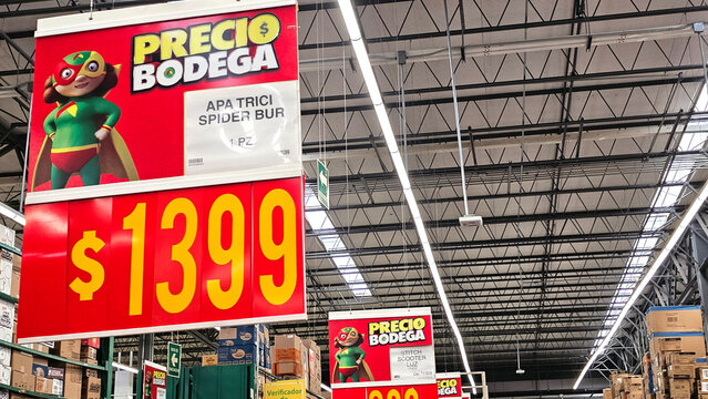 Huauchinango, Puebla, Mexico - Dec 26, 2025: Bodega Aurrera, a Mexican chain of discount stores and supermarkets owned by Walmart, offers low prices with the image of Mama Lucha