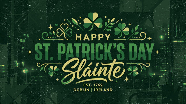 St patrick's day greeting card with shamrocks and 'slinte' in gold and green on dark background