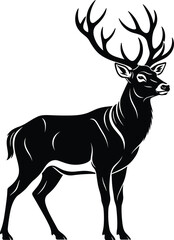 Obraz premium Black deer silhouette with large antlers standing, wildlife stag isolated on white background, cad drawing flat vector illustration, nature animal.