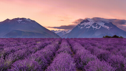 Obraz premium Lavender Field in Spring with Mountains in the Background – Soft Sunset Light