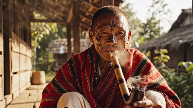 Portrait of Nagaland Tribal Elder Smoking Traditional Pipe