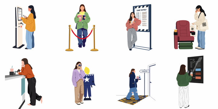 Flat vector illustrations set of a young woman enjoying various activities at a movie theater, from purchasing tickets to entering the cinema hall.