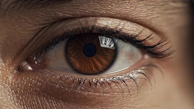 Close up of a human eye opening slowly revealing brown iris.