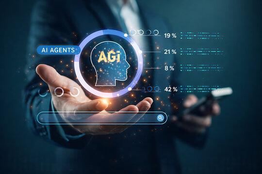 Artificial general intelligence agi concept with ai agents interface and data analytics visualization for future automation technology