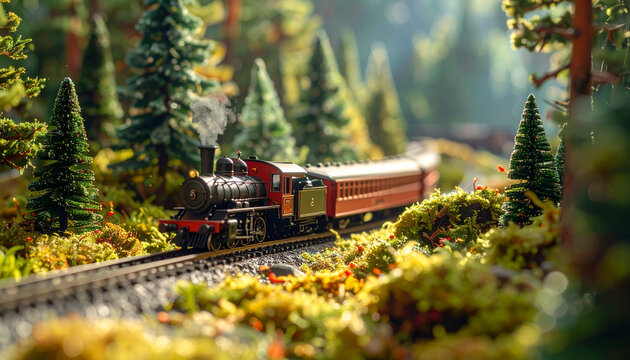 Miniature train traveling through a forest landscape on railway tracks