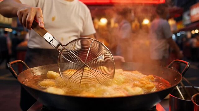 Street food vendor deep frying delicious snacks in a large wok at a bustling night market
