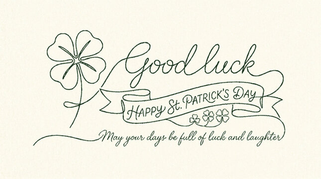 St patrick's day clover line drawing with 'good luck' and 'happy st patrick's day' banner
