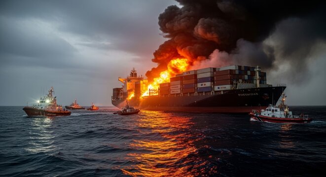 Large cargo ship on fire at sea with tugboats nearby during stormy weather conditions