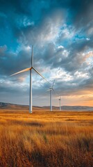 Obraz premium Wide golden field under warm evening light with three large white wind turbines perfectly aligned and evenly spaced against vivid blue to amber sky, highlighting renewable energy