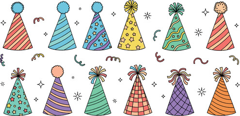 Fototapeta premium Colorful party hats collection with festive birthday cone hats confetti decorations celebration accessories flat vector illustration set