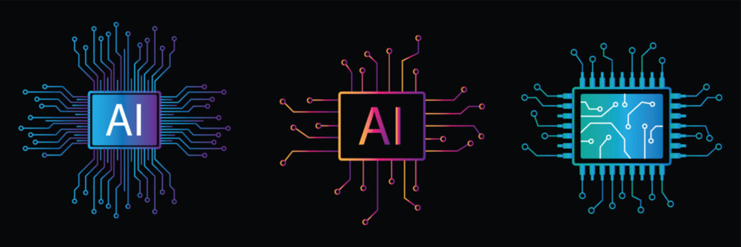 Three AI microchip vector illustration designs with different colors on a divided background circuit technology icon set. Best color Ai chip design. Set Ai Vector illustration. Eps 10.