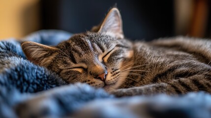 sleeping. A content kitten resting peacefully on a soft blanket. wildlife magazines, conservation campaigns, designed for nature documentaries and education, celebrates biodiversity.