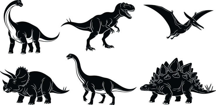 Dinosaur silhouette collection of prehistoric creatures like tyrannosaurus rex brachiosaurus pterodactyl and stegosaurus set, cad drawing flat vector illustration, isolated on white.