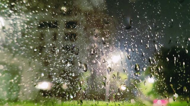 Water drops, Rainy water drops on Window glass screen. Clear water droplet, Raining water drops. 
Droplets bead on a surface. Falling drizzle marks the screen. Bright liquid droplets form on glass. 