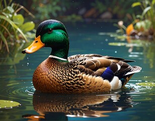 Fototapeta premium A serene mallard duck in a peaceful pond surrounded by lush greenery