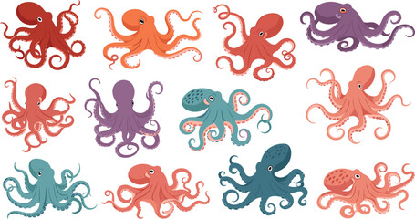 Obraz premium Octopus Vector Illustration Set Featuring Colorful Marine Cephalopods with Curled Tentacles in Different Poses for Ocean Wildlife Graphics, Aquarium Designs, and Sea Life Themes.