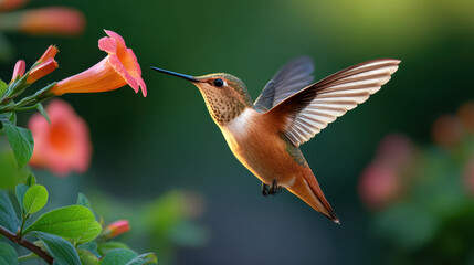 Obraz premium Vivid orange hummingbird hovering near trumpet flower, wings blurred in motion, feeding from nectar in lush green garden, golden light highlighting iridescent feathers and delicate beak