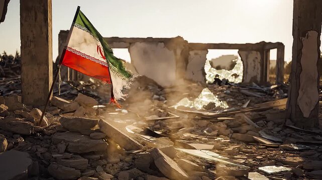 An Iranian flag stands proudly amidst the rubble and ruins of a destroyed building, bathed in the warm, golden light of sunset, symbolizing resilience and hope against despair
