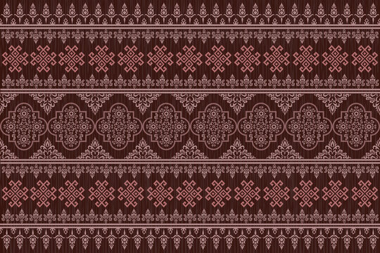 Vintage Southeast Asian Embroidery Style Vector Pattern with Horizontal Borders and Abstract Tribal Motifs for Premium Packaging and Fabric Print