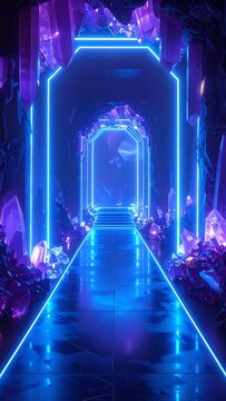 A futuristic neon-lit corridor with multiple archways