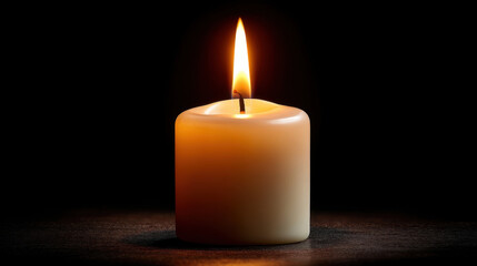 Single lit candle on black background casting warm glow and soft shadow, intimate atmosphere with gentle flame and melted wax creating peaceful mood