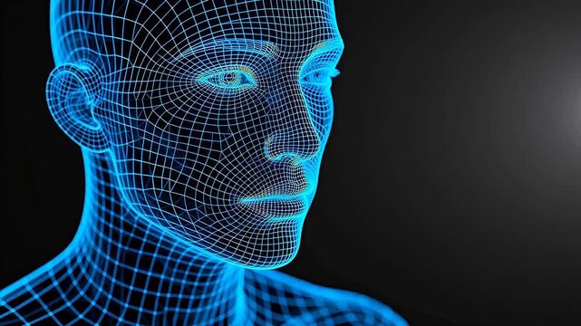 Blue wireframe human head