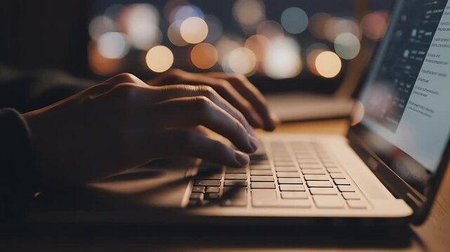 Close-up of hands typing on a laptop keyboard at night, with blurred bokeh lights in the background creating a focused, work-from-home atmosphere and a sense of concentration