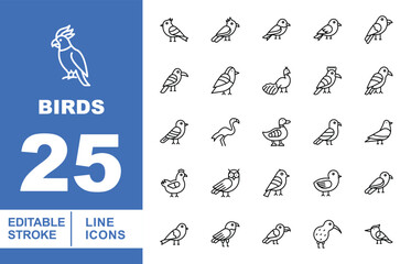 Fototapeta premium Birds, Poultry, and Avian Species Line Icons. Editable stroke icons for ornithology and farming. Featuring Kiwi birds, flamingos, ducks, chickens, owls, pigeons, and tropical parrots for app UI design