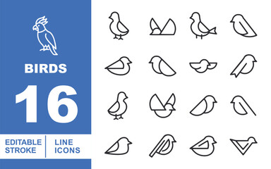 Fototapeta premium Minimalist Bird & Geometric Avian Icons. Editable stroke vector icons for modern branding. Featuring abstract bird silhouettes, simplified flying pigeons, and geometric sparrow shapes for minimalist