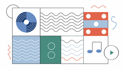 Fototapeta premium Abstract graphic layout shows music production elements like waveforms and audio controls.