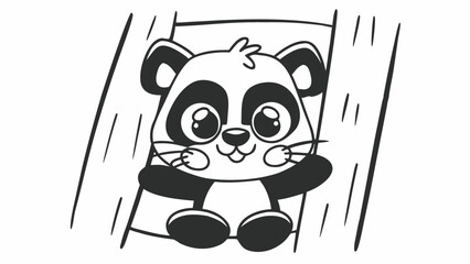 Small panda cub happily slides down a wooden surface on a playground. © sajida