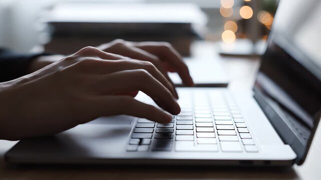 Close-up of hands typing on a laptop keyboard, focusing on the action with a shallow depth of field and bokeh lights in the background, conveying a productive and focused mood