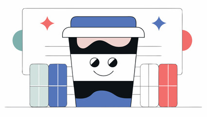 Smiling coffee cup mascot stands in front of a digital order form or review card. © sajida