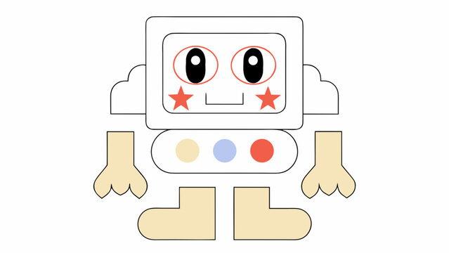 Cartoon computer monitor character displays large eyes and stars.