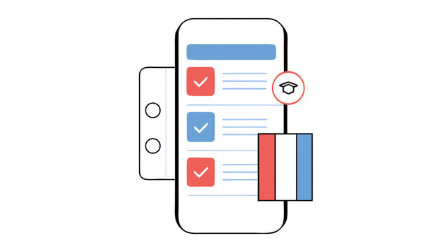 Smartphone displays a French language learning application with a completed checklist.
