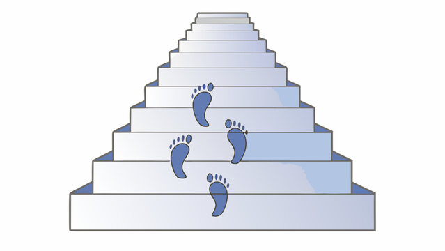 Footprints ascend a staircase representing progress.