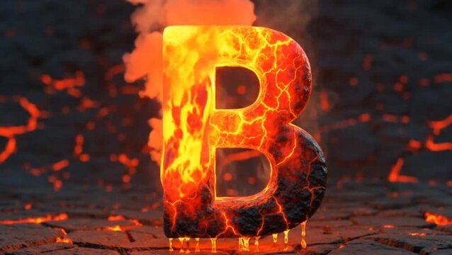 Blazing initial B engulfed in a dramatic eruption of fiery lava and smoke, set against a cracked volcanic earth, symbolizing raw power and intense energy