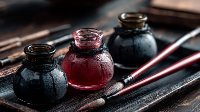 Ink bottles with brushes for art and calligraphy