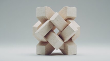 Wooden geometric puzzle sculpture with interlocking pieces