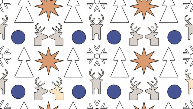 Winter holiday seamless pattern includes reindeer shapes, stylized trees, and star ornaments.