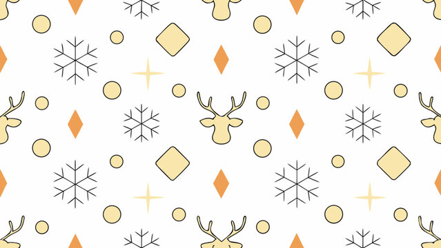 Seamless pattern features reindeer heads and snowflakes against a white background.
