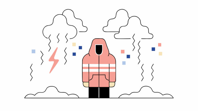 Person in a hooded jacket stands under localized rain clouds and lightning.