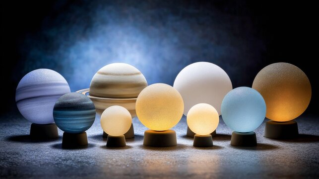 Miniature glowing planetary models displayed on a surface