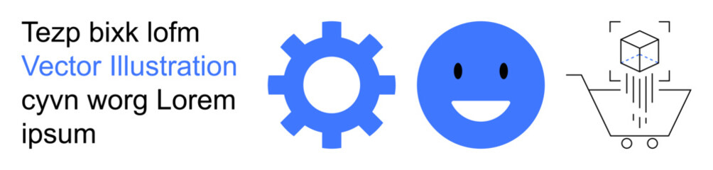 Obraz premium Technology, digitalization, e-commerce, innovation, emotional intelligence, online shopping. Blue gear, happy face and shopping cart with cube symbol. Technology and e-commerce