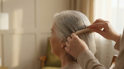 Fototapeta premium Authentic Intergenerational Connection concept. Elderly woman having her gray hair gently combed indoors.