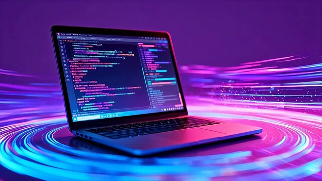 Laptop with glowing code on screen