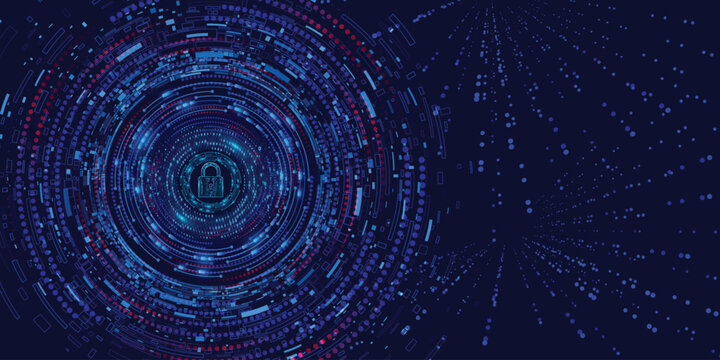 Cybersecurity padlock icon inside blue digital data circle tunnel with particles on dark background, online data protection banner