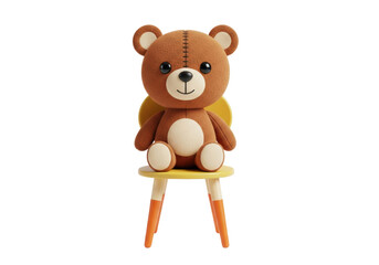 Fototapeta premium warm brown plush teddy bear with button eyes seated on a minimalist yellow and orange wooden chair, isolated on a white background using soft studio lighting, promoting childhood innocence and