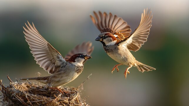 tussle. Two sparrows in flight over an empty nest during the morning. wildlife magazines, conservation campaigns, designed for eco-tourism storytelling, used by graphic designers.