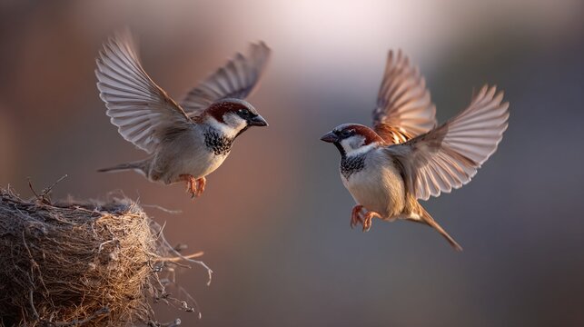 tussle. Two sparrows in flight over an empty nest during the morning. wildlife magazines, conservation campaigns, designed for eco-tourism storytelling, used by graphic designers.